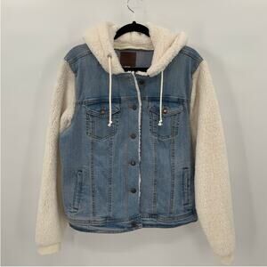 Maurices Womens XL Denim Jacket Blue Jean Sherpa Hooded Button Up Trucker Fuzzy
